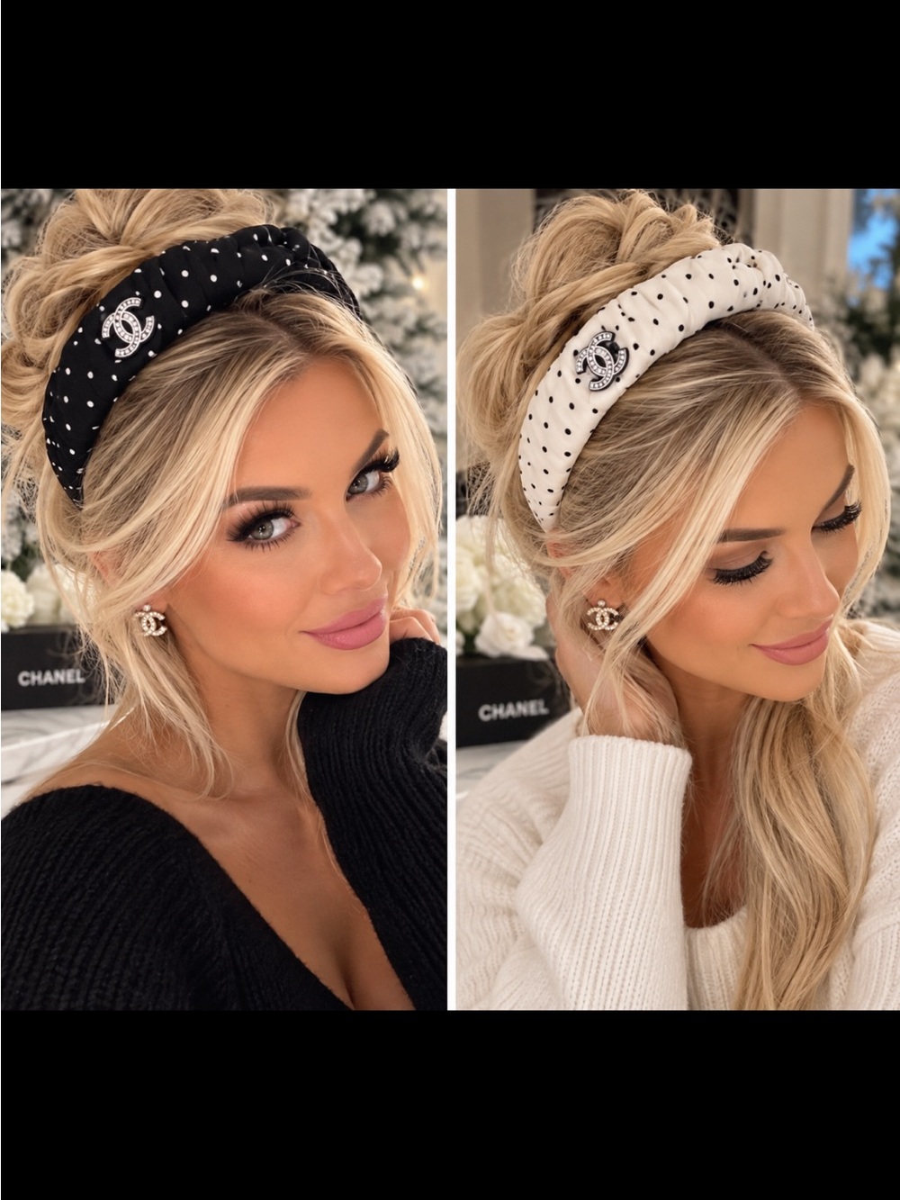 FASHION Polka Dot Padded Headband with Interlocking Logo Accent - Black & Ivory